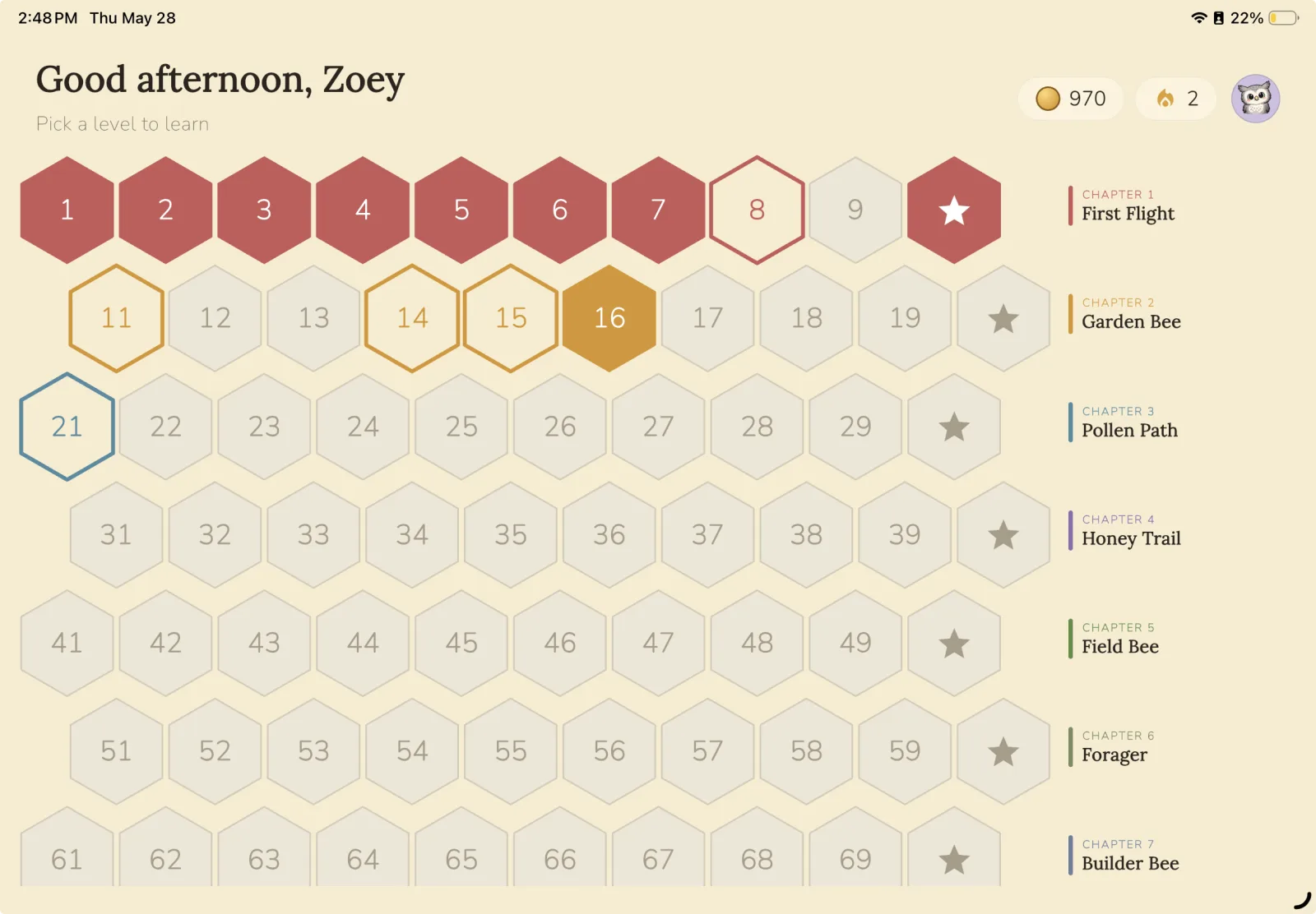 The level map showing 100 spelling levels to climb