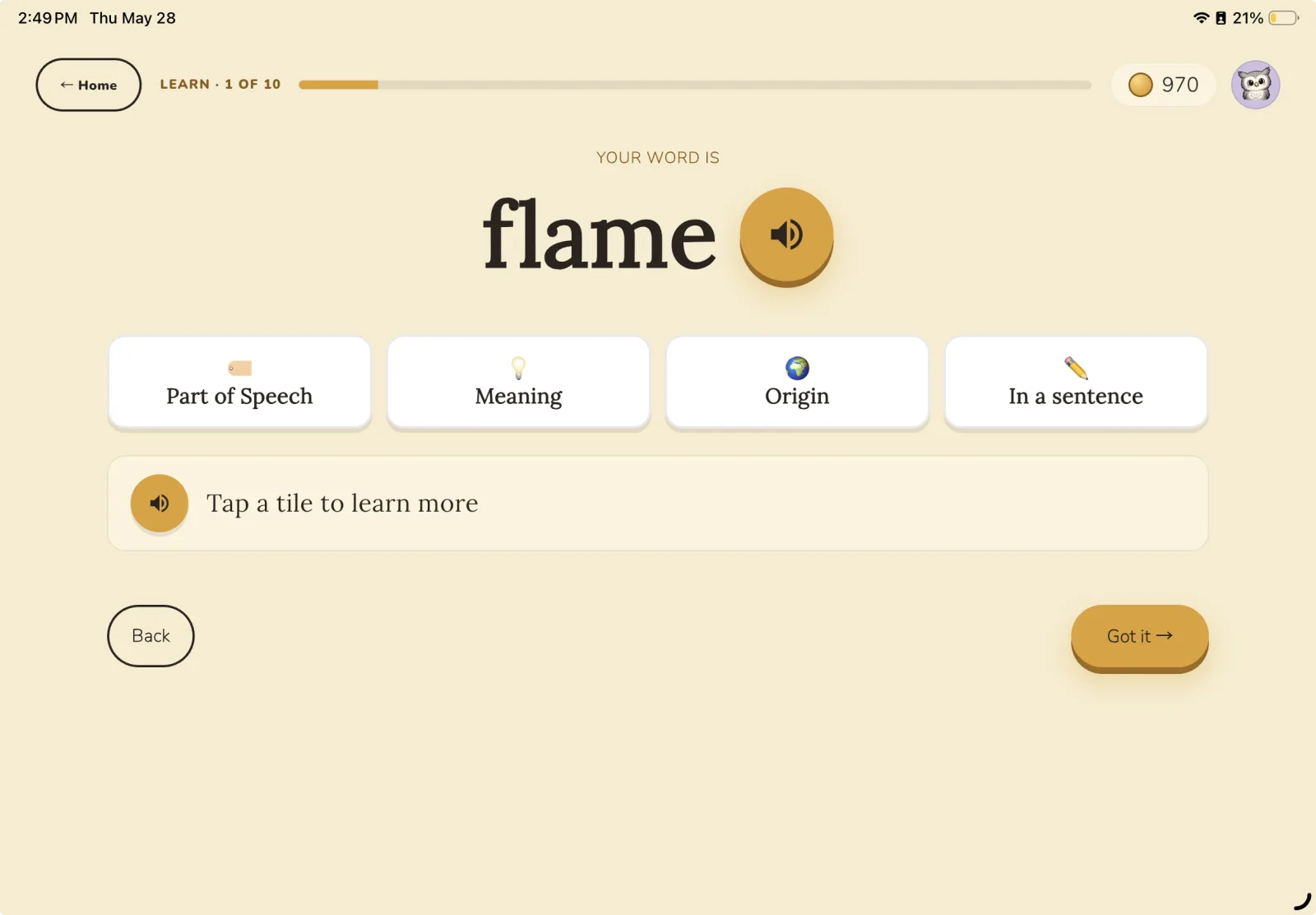 Learning a word, its meaning, part of speech, and origin