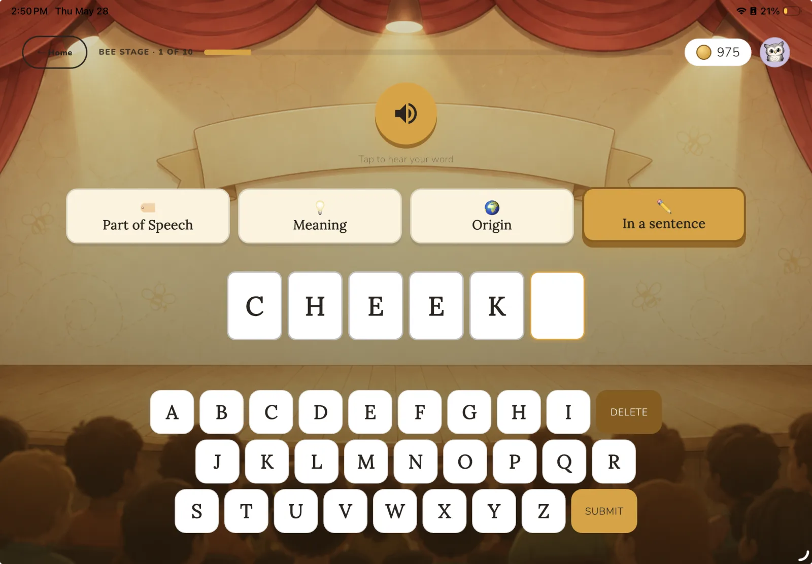 A child spelling a word on Spell a Bee's spelling-bee stage