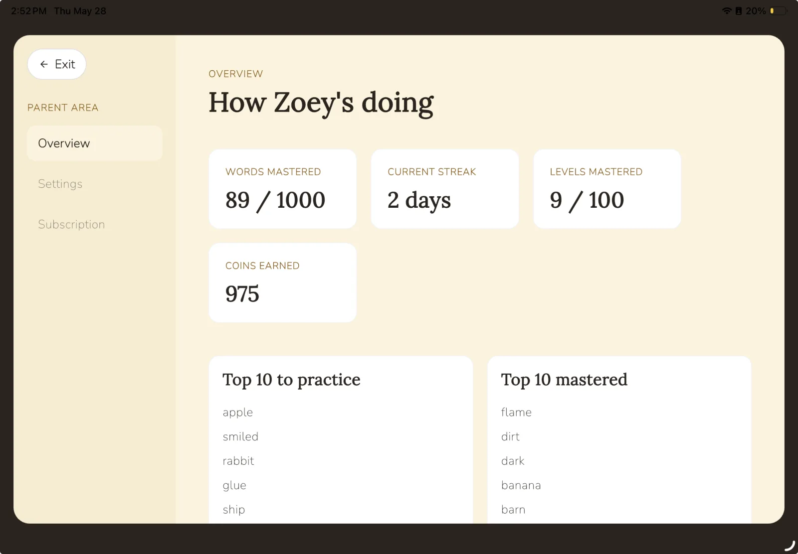 The parent dashboard showing progress and words to practice